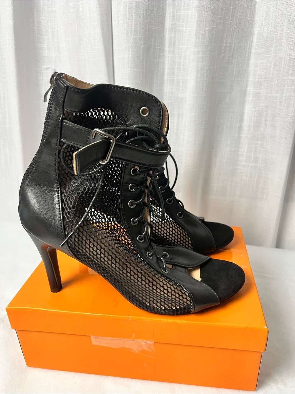 Black Mesh Lace Up Heels Open Toe Stiletto Ankle Strap Size 9 NWT
